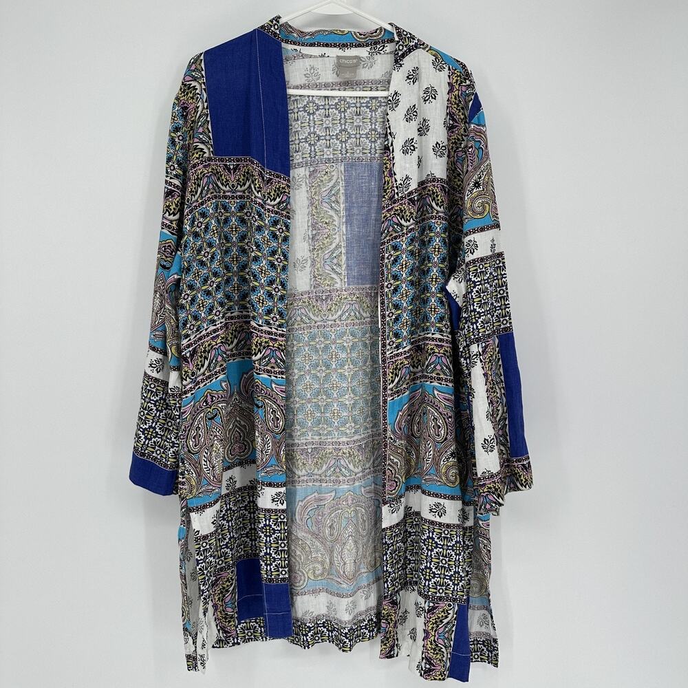 Chico's Kimono Cardigan Womens XL Multicolor 100% Linen Open Front Boho Paisley